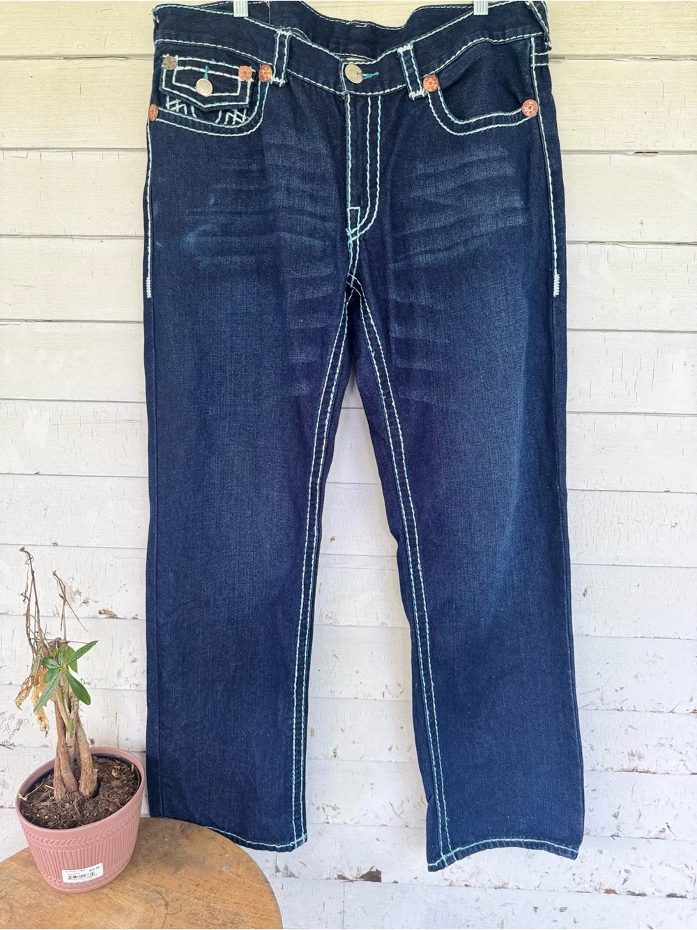True Religion Men's Joey super T  Blue Straight Jeans with rainbow stitching